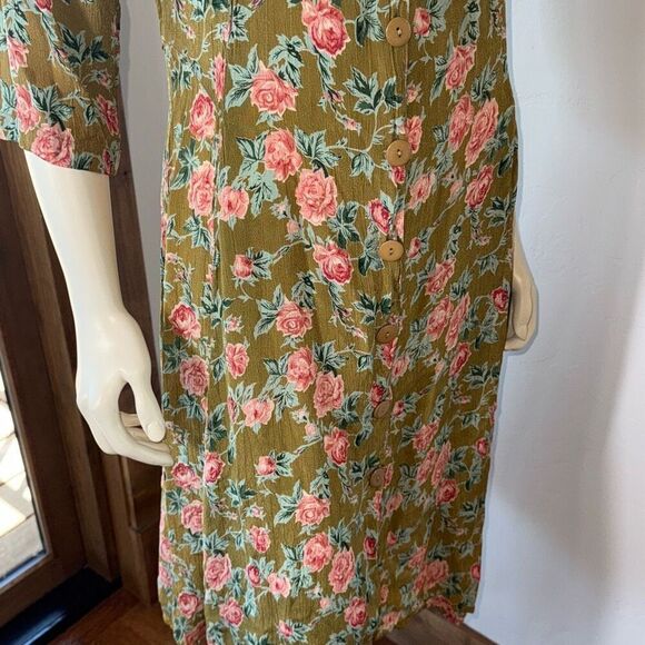 Vintage 80's Green Cottagecore Rose Floral Button Down Maxi Dress Medium - Picture 2 of 16